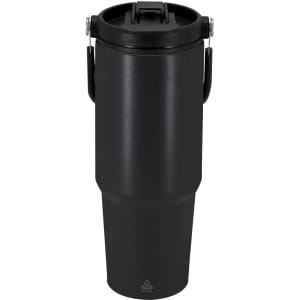 A drink bottle in matte black with a detachable lid and sturdy handle, designed for insulation. Features a logo.