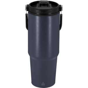 A drink bottle in dark blue with a black lid and handle, featuring a logo on the body.