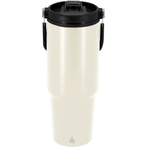 A drink bottle in cream with a black lid and carry handle, featuring a logo. Ideal for insulated beverages.