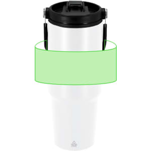 A drink bottle with a white body and black lid, featuring a handle and a logo.