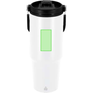 A drink bottle in white with a black lid and handle, featuring a blank space for custom branding.