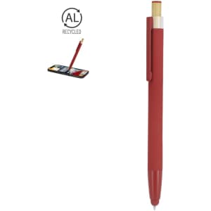 A red stylus touch ball pen featuring a clip and a logo, with a recycled design.