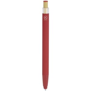 A red stylus touch ball pen with a clear tip and a branding logo on the barrel.