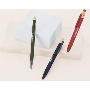 A collection of three stylus touch ball pens in green, navy blue, and red, displayed with a white block background.