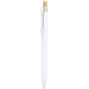 A white ballpoint pen with a bamboo top and silver clip, featuring a branding logo.