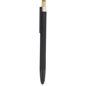 A black stylus touch ball pen with a wooden accent and a clip, featuring a sleek design and a brand logo.