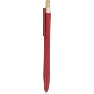 A red Kiner Stylus Touch Ball Pen featuring a gold accent and a clip for easy carrying. Branding included.