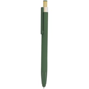 A green stylus touch ballpoint pen with a bamboo tip and a metal clip, featuring a logo.