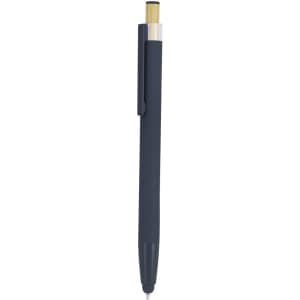 A stylus touch ball pen in navy blue with a wooden accent and a clip for easy attachment.