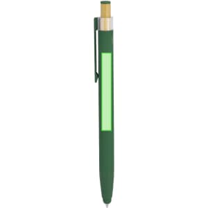 A green stylus touch ball pen with a clip and a barrel featuring a light area. It has a logo on the side.