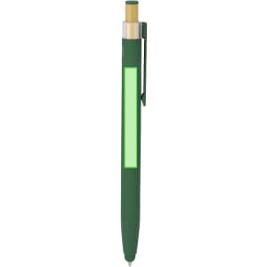 A green stylus touch ball pen with a bamboo accent and a clip, featuring a branding logo.