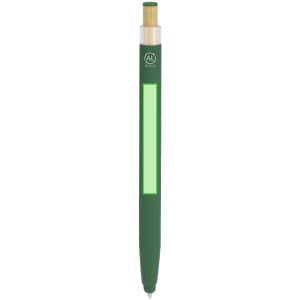 A green stylus touch ball pen with a transparent section and a logo on the side.