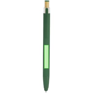 A green stylus touch ball pen with a wooden tip and a branding logo.