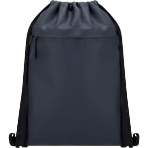 A navy drawstring backpack with black accents, featuring a front zip pocket and a minimalist design.