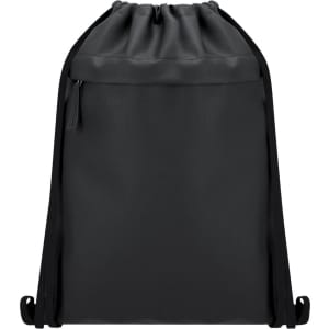 A black drawstring backpack featuring a front pocket and a tassel detail, with a simple logo design.