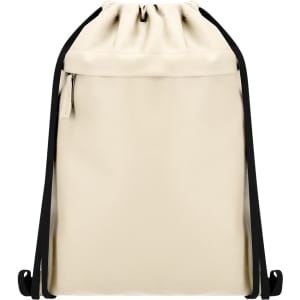 A cream drawstring backpack with black accents and a zippered front pocket, featuring a logo.