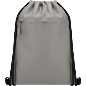 A grey drawstring backpack with black straps and a front zip pocket. It has a simple design and branding.