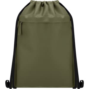 A drawstring backpack in olive green with a black trim and a front zipper pocket, featuring a logo.