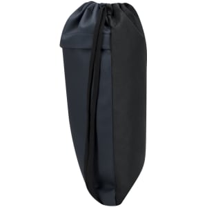 A drawstring bag in dark blue and black, designed with a streamlined shape and a branding logo.