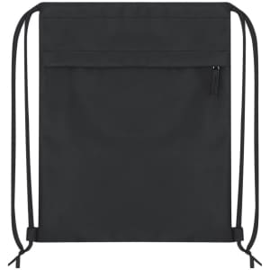 A black drawstring backpack featuring a zippered front pocket and adjustable straps. It has a simple design with a logo.