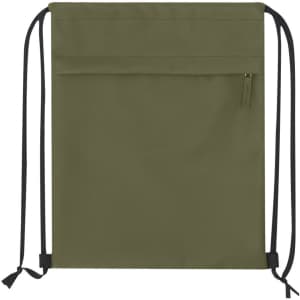 A green drawstring backpack with black straps and a small zippered pocket on the front. It features a branding logo.