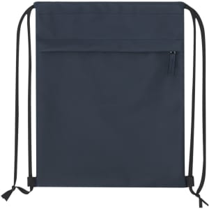A navy drawstring backpack with a front pocket and logo branding. It features adjustable straps at the sides.
