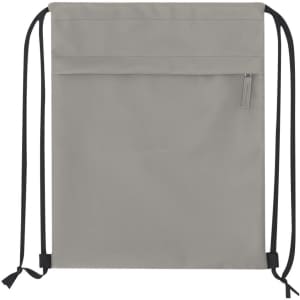 A grey drawstring backpack with black straps, featuring a front zippered pocket and a minimalist design.