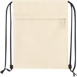 A beige drawstring bag with black cords and a front pocket featuring a zip. It has a logo.