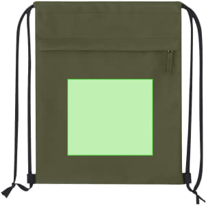A green drawstring backpack features a square panel and a zippered pocket. It has a logo on one side.
