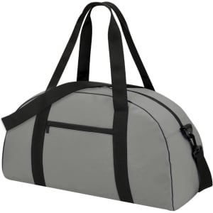A grey tote bag with black straps and a zippered pocket, featuring a logo on the side.