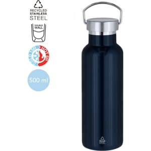 A drink bottle in navy blue, made from recycled stainless steel with a double-wall design, features a metal handle and logo.