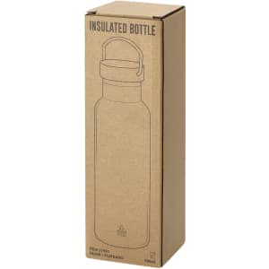A drink bottle in silver packaging, featuring a simple design and a carry handle. The box has a logo.