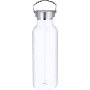 A drink bottle in white with a stainless steel lid and a handle, featuring a logo on the front.