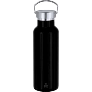 A drink bottle in sleek black with a stainless steel lid and a carrying handle. Features a minimalist design.