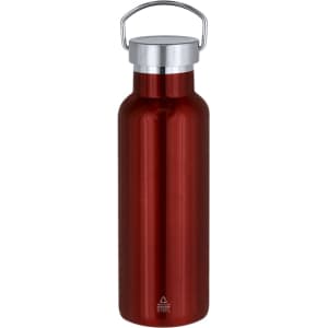 A drink bottle in metallic red with a silver lid and a handle. It has a logo on the front.