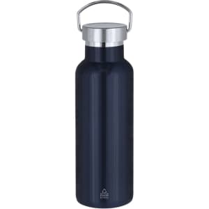 A drink bottle in navy blue with a stainless steel lid and a handle. It features a logo at the bottom.