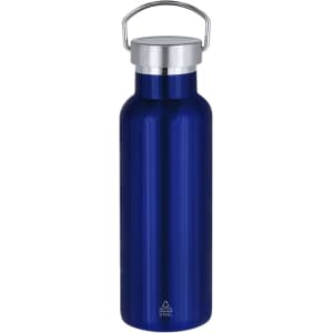 A drink bottle in a vibrant blue colour with a stainless steel lid and a metal carry handle. It features a logo.