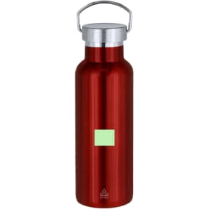 A drink bottle in a shiny red finish with a silver cap and handle, featuring a small square area for branding.