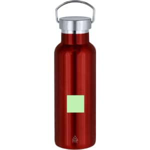A drink bottle in vibrant red with a silver lid and handle, featuring a blank green square for customisation.