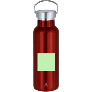 A drink bottle in red metal with a silver lid and a handle, featuring a blank green label.