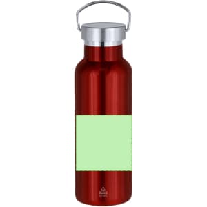A drink bottle in a shiny red finish with a silver lid and a blank green label. It features a handle for easy carrying.