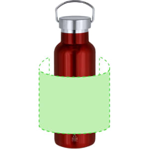 A drink bottle in a shiny red finish with a silver lid and a handle. Features a logo.