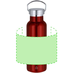 A drink bottle in red with a stainless steel lid and a handle; features a logo.