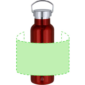 A drink bottle in a glossy red finish, featuring a metal top and a handle, with an area for branding.