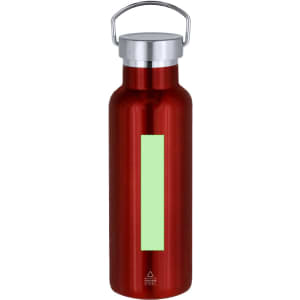 A drink bottle with a shiny red finish, silver cap, and a blank green label on the front. It has a handle attached.