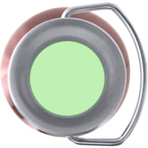 A drink bottle with a stainless steel base and a green lid, featuring a side handle and a smooth finish.