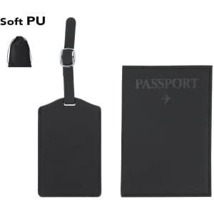 A black travel set featuring a luggage tag and a passport cover, made of soft PU, with a branding logo on it.