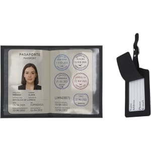 A travel document holder in black, displaying a passport with an identification page and stamps.