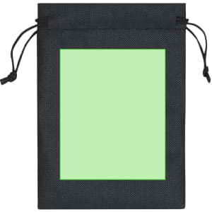 A black travel set bag with a green framed area, featuring a pull string closure. It includes a logo.