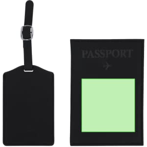 A black luggage tag and passport holder set, featuring a green transparent window for personal details. Both have sleek designs.